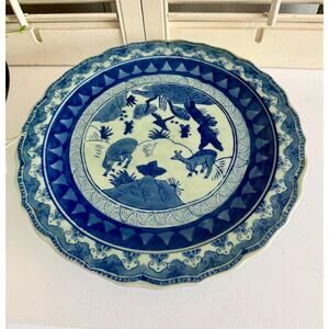 Vintage Blue White Porcelain Footed Plate – Deer Bird Motif Pedestal Dish